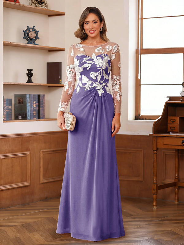 A-Line/Princess Scoop Long Sleeves Floor-Length Ruched Mother of the Bride Dresses With Appliques