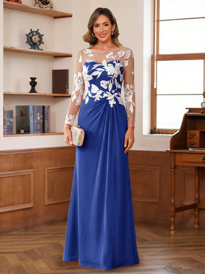 A-Line/Princess Scoop Long Sleeves Floor-Length Ruched Mother of the Bride Dresses With Appliques