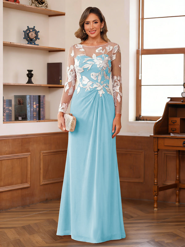 A-Line/Princess Scoop Long Sleeves Floor-Length Ruched Mother of the Bride Dresses With Appliques