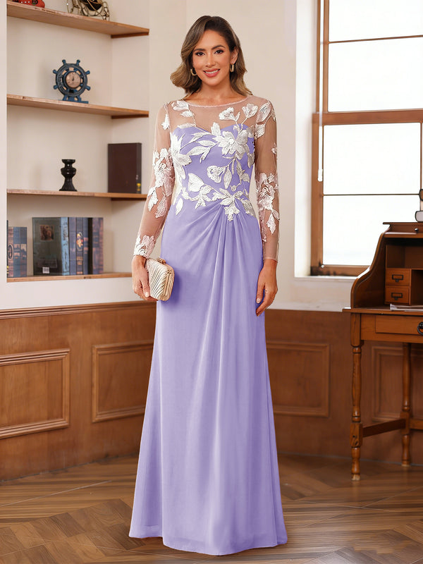 A-Line/Princess Scoop Long Sleeves Floor-Length Ruched Mother of the Bride Dresses With Appliques