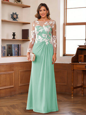 A-Line/Princess Scoop Long Sleeves Floor-Length Ruched Mother of the Bride Dresses With Appliques