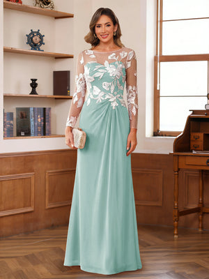 A-Line/Princess Scoop Long Sleeves Floor-Length Ruched Mother of the Bride Dresses With Appliques