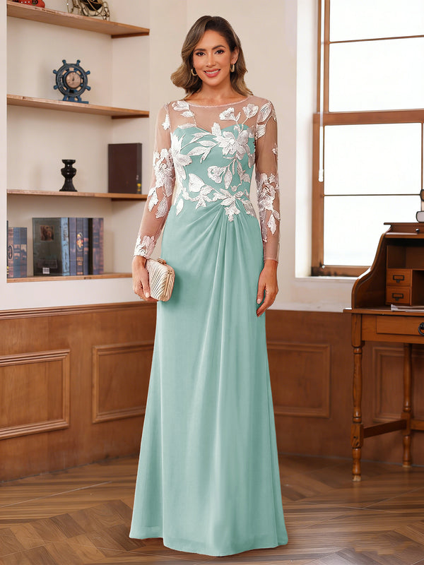 A-Line/Princess Scoop Long Sleeves Floor-Length Ruched Mother of the Bride Dresses With Appliques
