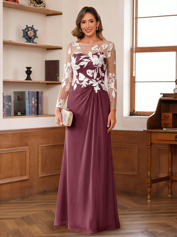 A-Line/Princess Scoop Long Sleeves Floor-Length Ruched Mother of the Bride Dresses With Appliques