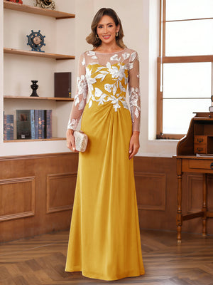 A-Line/Princess Scoop Long Sleeves Floor-Length Ruched Mother of the Bride Dresses With Appliques
