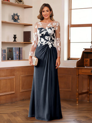 A-Line/Princess Scoop Long Sleeves Floor-Length Ruched Mother of the Bride Dresses With Appliques