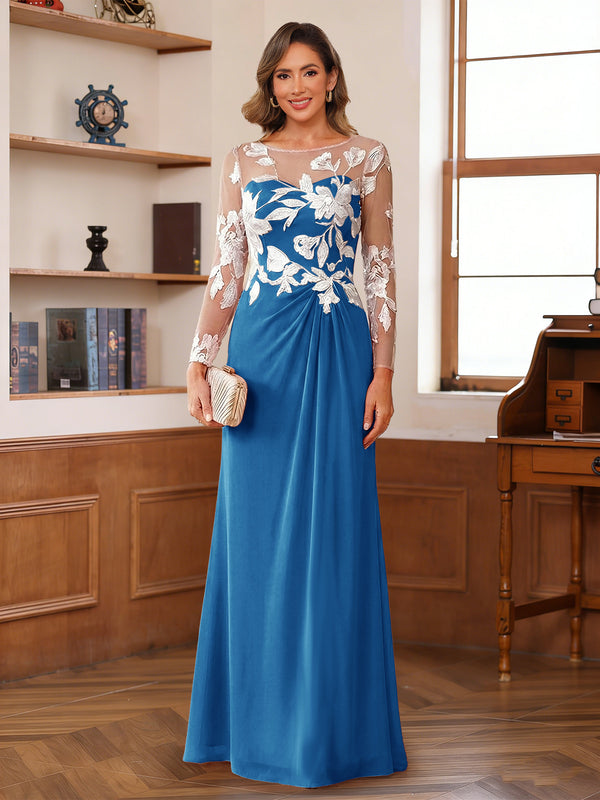 A-Line/Princess Scoop Long Sleeves Floor-Length Ruched Mother of the Bride Dresses With Appliques