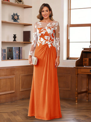 A-Line/Princess Scoop Long Sleeves Floor-Length Ruched Mother of the Bride Dresses With Appliques