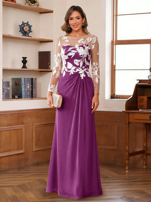 A-Line/Princess Scoop Long Sleeves Floor-Length Ruched Mother of the Bride Dresses With Appliques