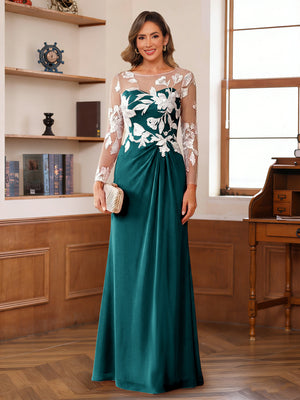 A-Line/Princess Scoop Long Sleeves Floor-Length Ruched Mother of the Bride Dresses With Appliques