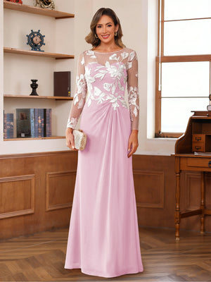 A-Line/Princess Scoop Long Sleeves Floor-Length Ruched Mother of the Bride Dresses With Appliques