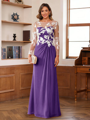 A-Line/Princess Scoop Long Sleeves Floor-Length Ruched Mother of the Bride Dresses With Appliques