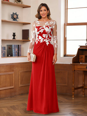 A-Line/Princess Scoop Long Sleeves Floor-Length Ruched Mother of the Bride Dresses With Appliques
