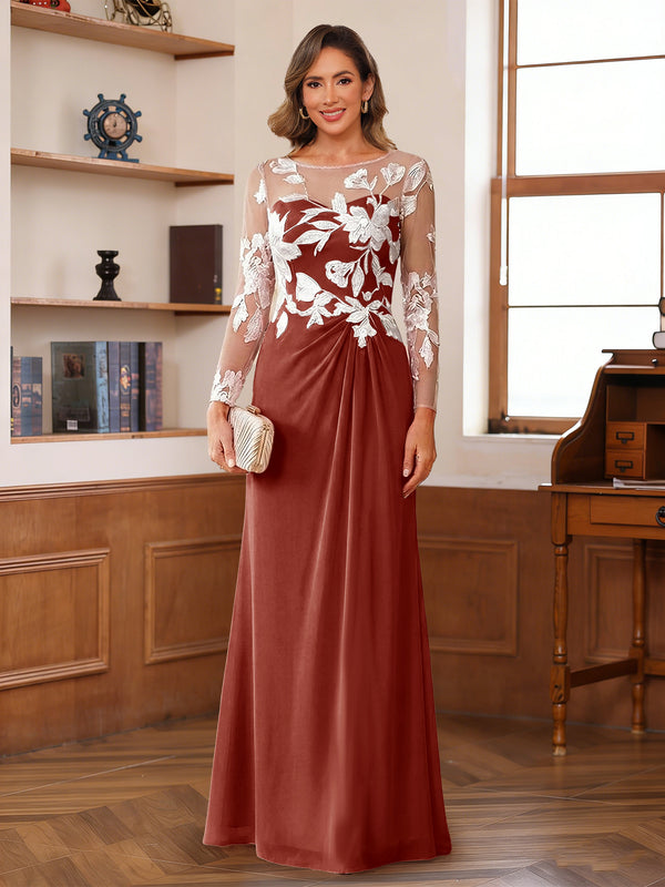 A-Line/Princess Scoop Long Sleeves Floor-Length Ruched Mother of the Bride Dresses With Appliques