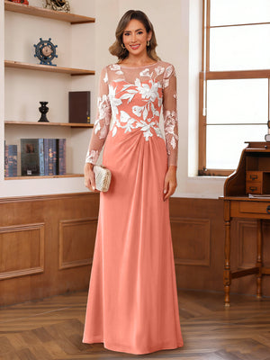 A-Line/Princess Scoop Long Sleeves Floor-Length Ruched Mother of the Bride Dresses With Appliques