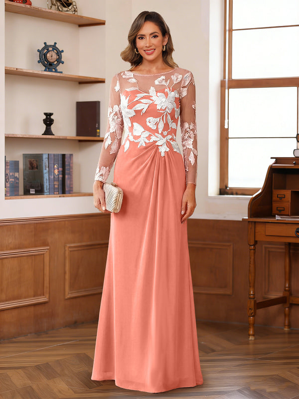A-Line/Princess Scoop Long Sleeves Floor-Length Ruched Mother of the Bride Dresses With Appliques