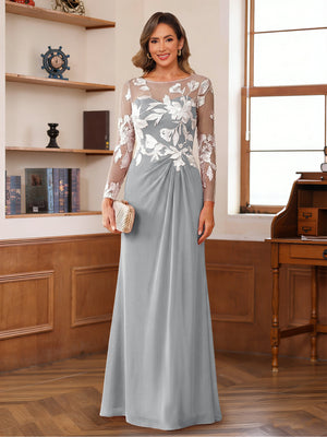 A-Line/Princess Scoop Long Sleeves Floor-Length Ruched Mother of the Bride Dresses With Appliques