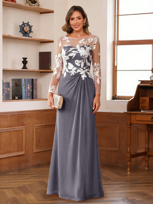 A-Line/Princess Scoop Long Sleeves Floor-Length Ruched Mother of the Bride Dresses With Appliques