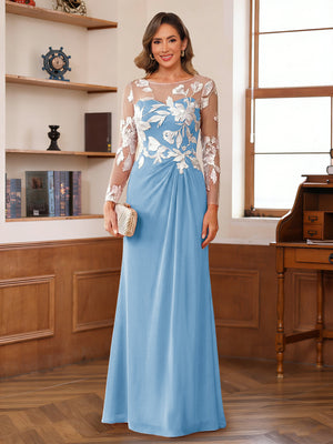 A-Line/Princess Scoop Long Sleeves Floor-Length Ruched Mother of the Bride Dresses With Appliques