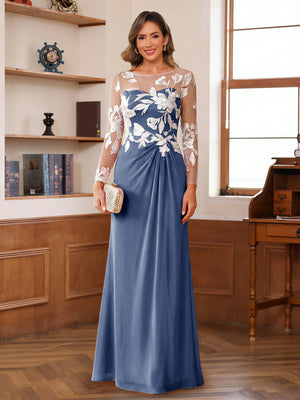 A-Line/Princess Scoop Long Sleeves Floor-Length Ruched Mother of the Bride Dresses With Appliques