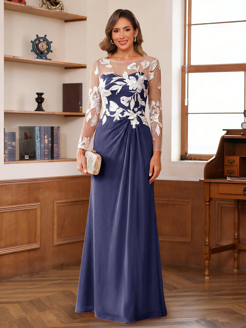 A-Line/Princess Scoop Long Sleeves Floor-Length Ruched Mother of the Bride Dresses With Appliques