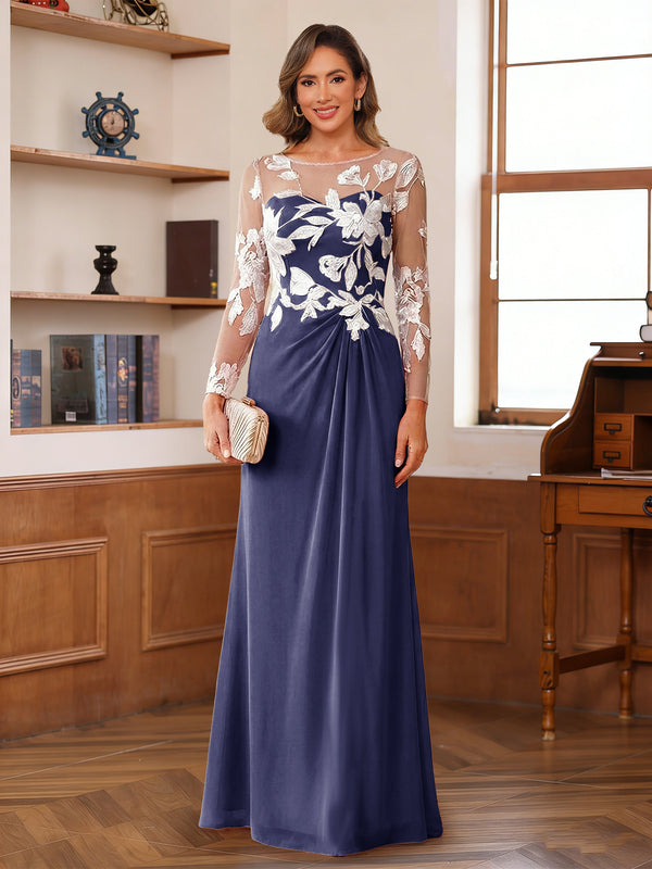 A-Line/Princess Scoop Long Sleeves Floor-Length Ruched Mother of the Bride Dresses With Appliques