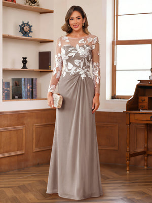 A-Line/Princess Scoop Long Sleeves Floor-Length Ruched Mother of the Bride Dresses With Appliques