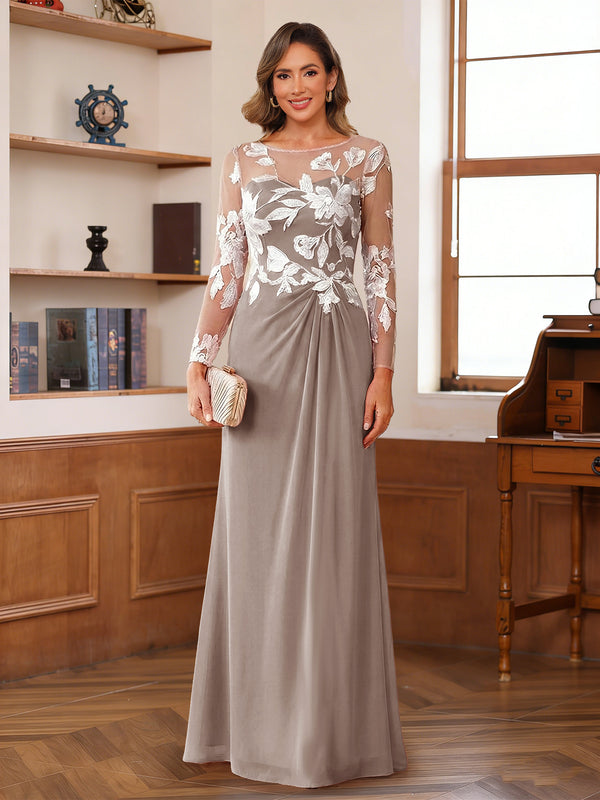 A-Line/Princess Scoop Long Sleeves Floor-Length Ruched Mother of the Bride Dresses With Appliques