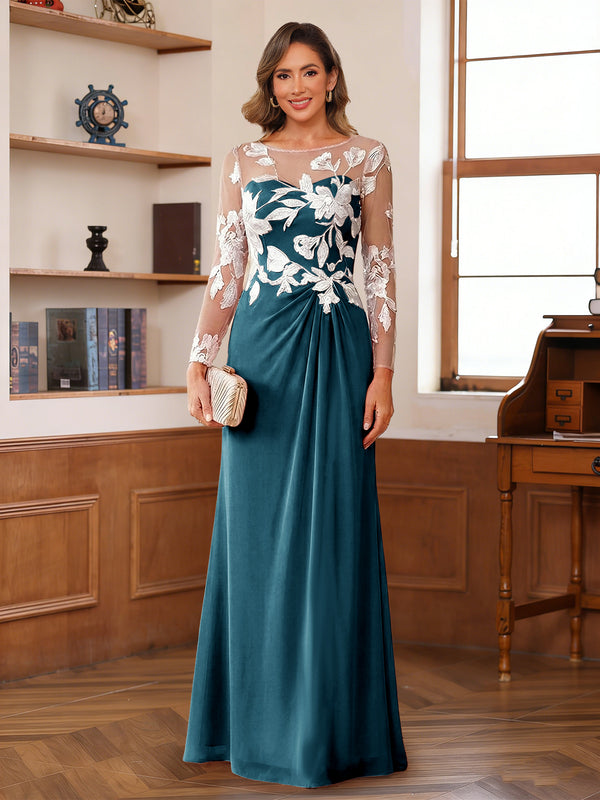 A-Line/Princess Scoop Long Sleeves Floor-Length Ruched Mother of the Bride Dresses With Appliques
