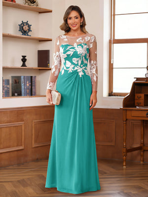 A-Line/Princess Scoop Long Sleeves Floor-Length Ruched Mother of the Bride Dresses With Appliques