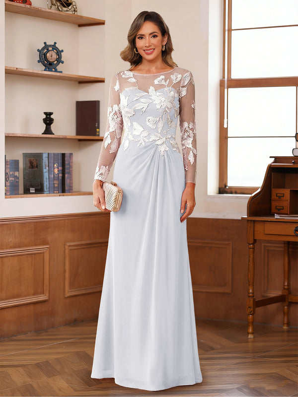 A-Line/Princess Scoop Long Sleeves Floor-Length Ruched Mother of the Bride Dresses With Appliques