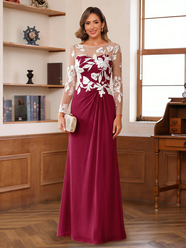 A-Line/Princess Scoop Long Sleeves Floor-Length Ruched Mother of the Bride Dresses With Appliques