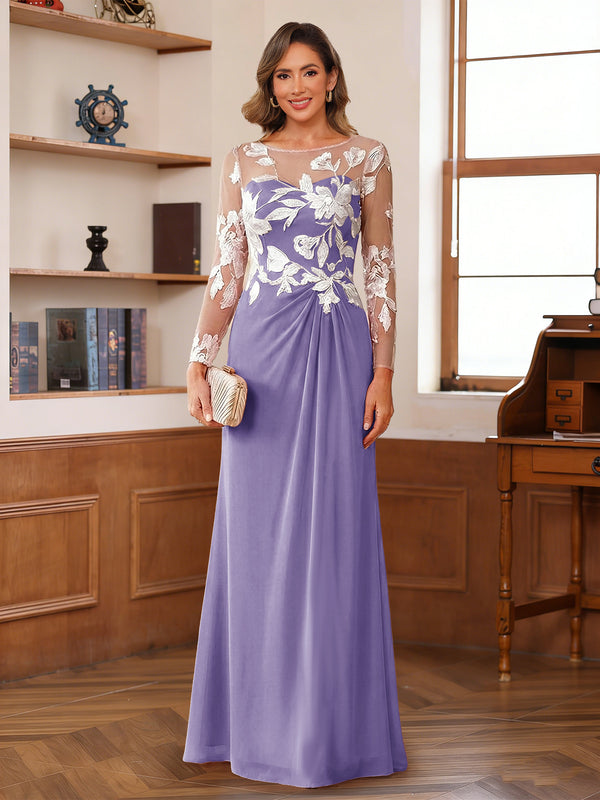 A-Line/Princess Scoop Long Sleeves Floor-Length Ruched Mother of the Bride Dresses With Appliques