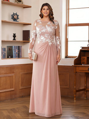 A-Line/Princess Scoop Long Sleeves Floor-Length Ruched Plus Size Mother of the Bride Dresses With Appliques