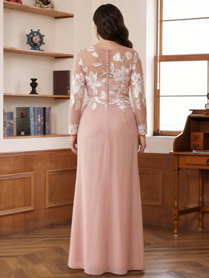 A-Line/Princess Scoop Long Sleeves Floor-Length Ruched Plus Size Mother of the Bride Dresses With Appliques