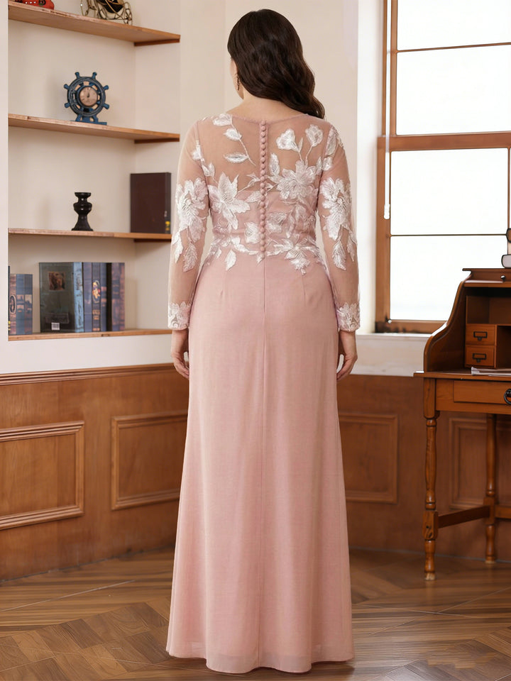 A-Line/Princess Scoop Long Sleeves Floor-Length Ruched Plus Size Mother of the Bride Dresses With Appliques