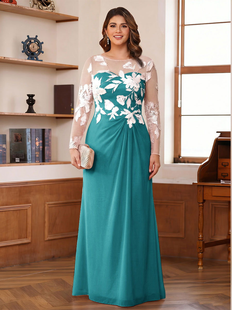 A-Line/Princess Scoop Long Sleeves Floor-Length Ruched Plus Size Mother of the Bride Dresses With Appliques