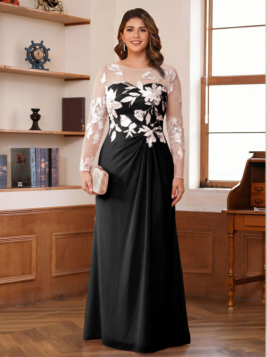 A-Line/Princess Scoop Long Sleeves Floor-Length Ruched Plus Size Mother of the Bride Dresses With Appliques