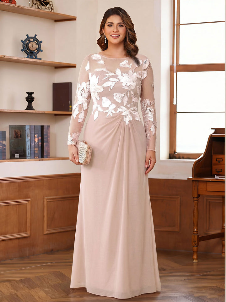 A-Line/Princess Scoop Long Sleeves Floor-Length Ruched Plus Size Mother of the Bride Dresses With Appliques