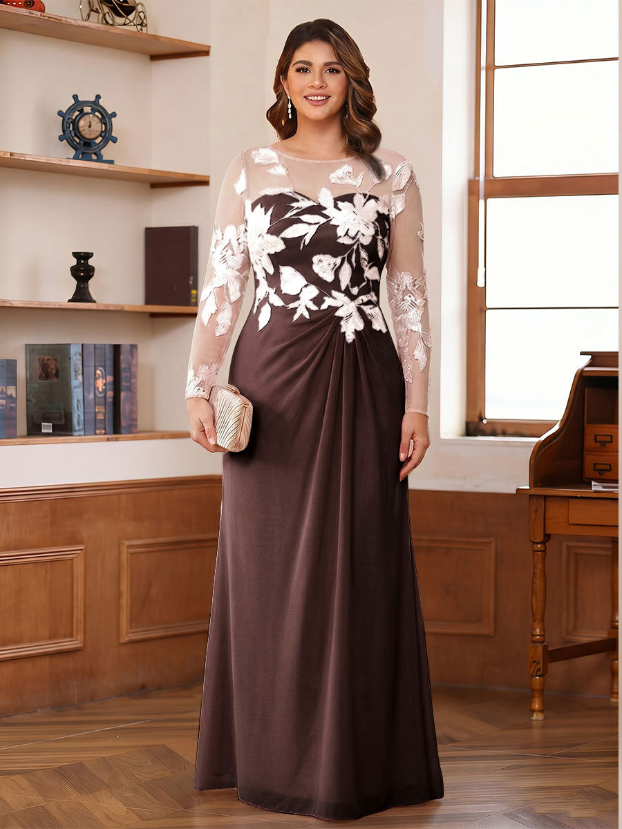 A-Line/Princess Scoop Long Sleeves Floor-Length Ruched Plus Size Mother of the Bride Dresses With Appliques