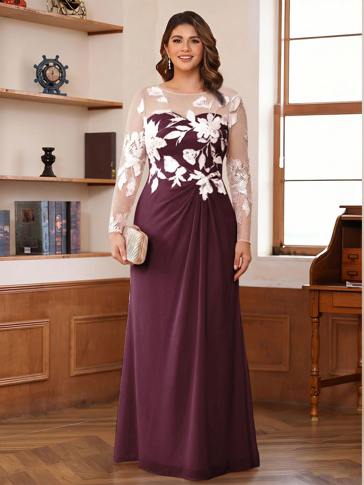 A-Line/Princess Scoop Long Sleeves Floor-Length Ruched Plus Size Mother of the Bride Dresses With Appliques