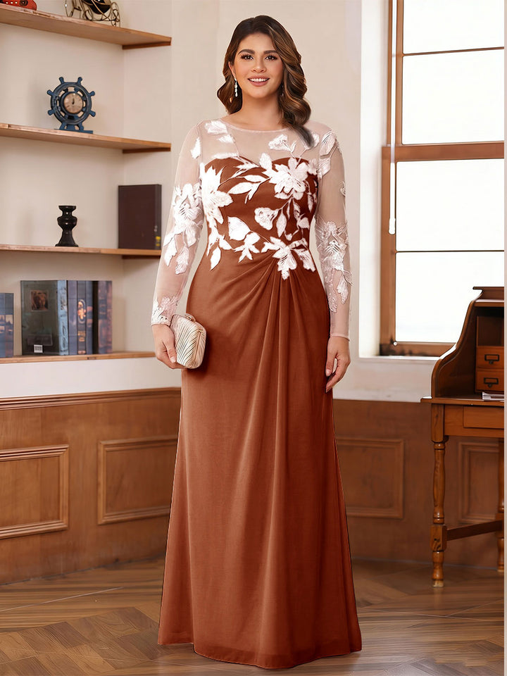 A-Line/Princess Scoop Long Sleeves Floor-Length Ruched Plus Size Mother of the Bride Dresses With Appliques