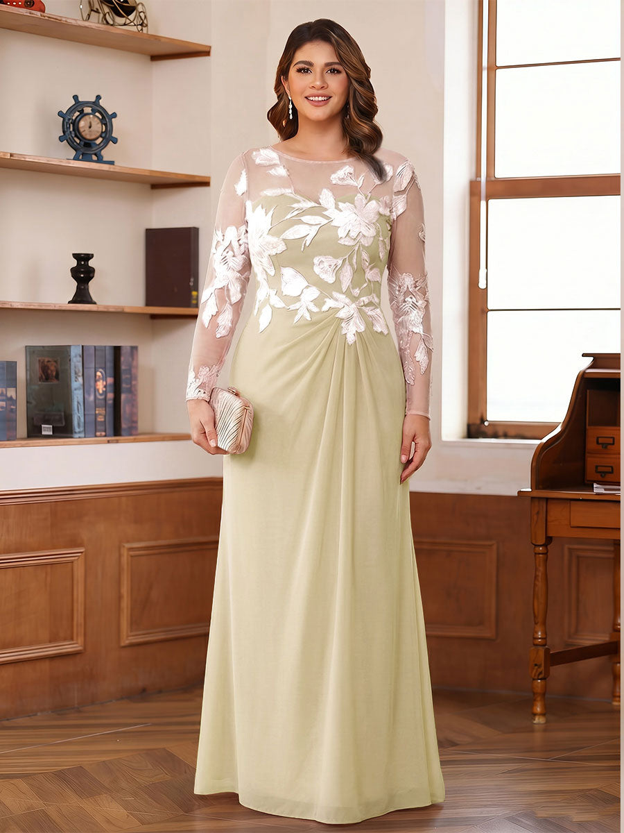 A-Line/Princess Scoop Long Sleeves Floor-Length Ruched Plus Size Mother of the Bride Dresses With Appliques