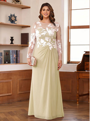 A-Line/Princess Scoop Long Sleeves Floor-Length Ruched Plus Size Mother of the Bride Dresses With Appliques