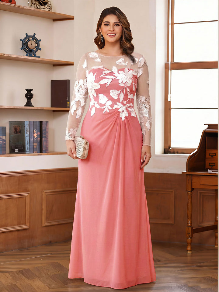 A-Line/Princess Scoop Long Sleeves Floor-Length Ruched Plus Size Mother of the Bride Dresses With Appliques