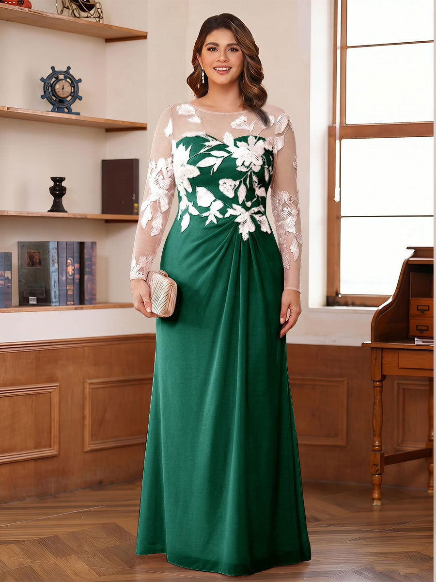 A-Line/Princess Scoop Long Sleeves Floor-Length Ruched Plus Size Mother of the Bride Dresses With Appliques