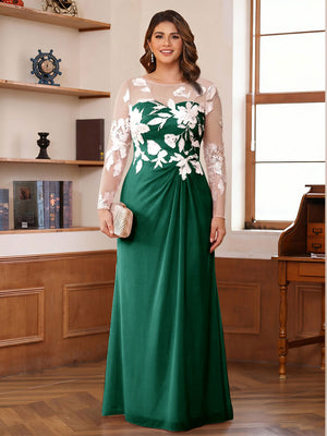 A-Line/Princess Scoop Long Sleeves Floor-Length Ruched Plus Size Mother of the Bride Dresses With Appliques