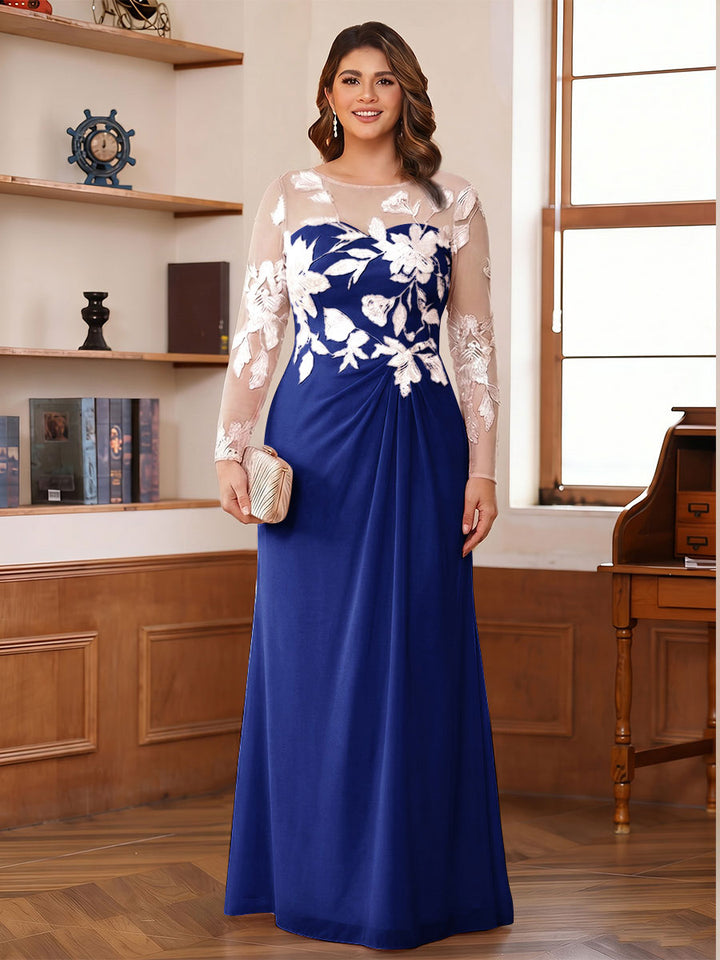A-Line/Princess Scoop Long Sleeves Floor-Length Ruched Plus Size Mother of the Bride Dresses With Appliques