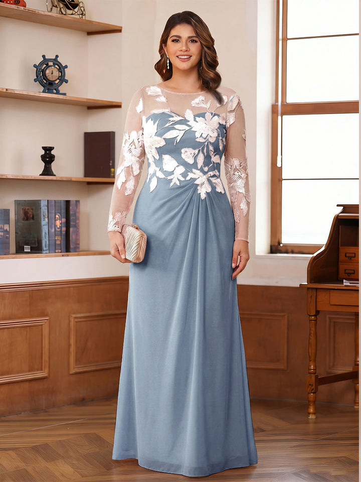 A-Line/Princess Scoop Long Sleeves Floor-Length Ruched Plus Size Mother of the Bride Dresses With Appliques