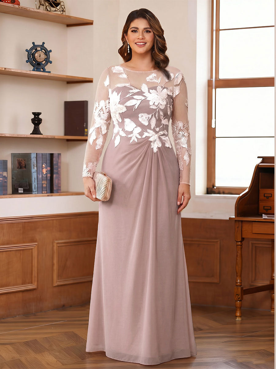 A-Line/Princess Scoop Long Sleeves Floor-Length Ruched Plus Size Mother of the Bride Dresses With Appliques